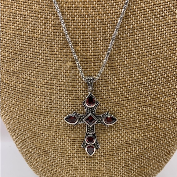 Silver Tone Ruby Red Cross Pendant Necklace - Picture 1 of 5